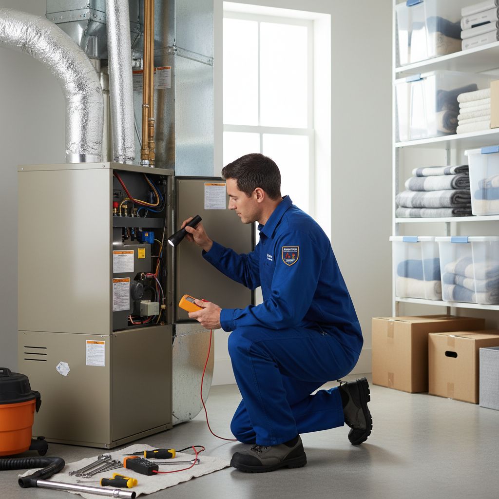 A professional technician inspecting a residential HVAC system in a bright, clean home storage area.