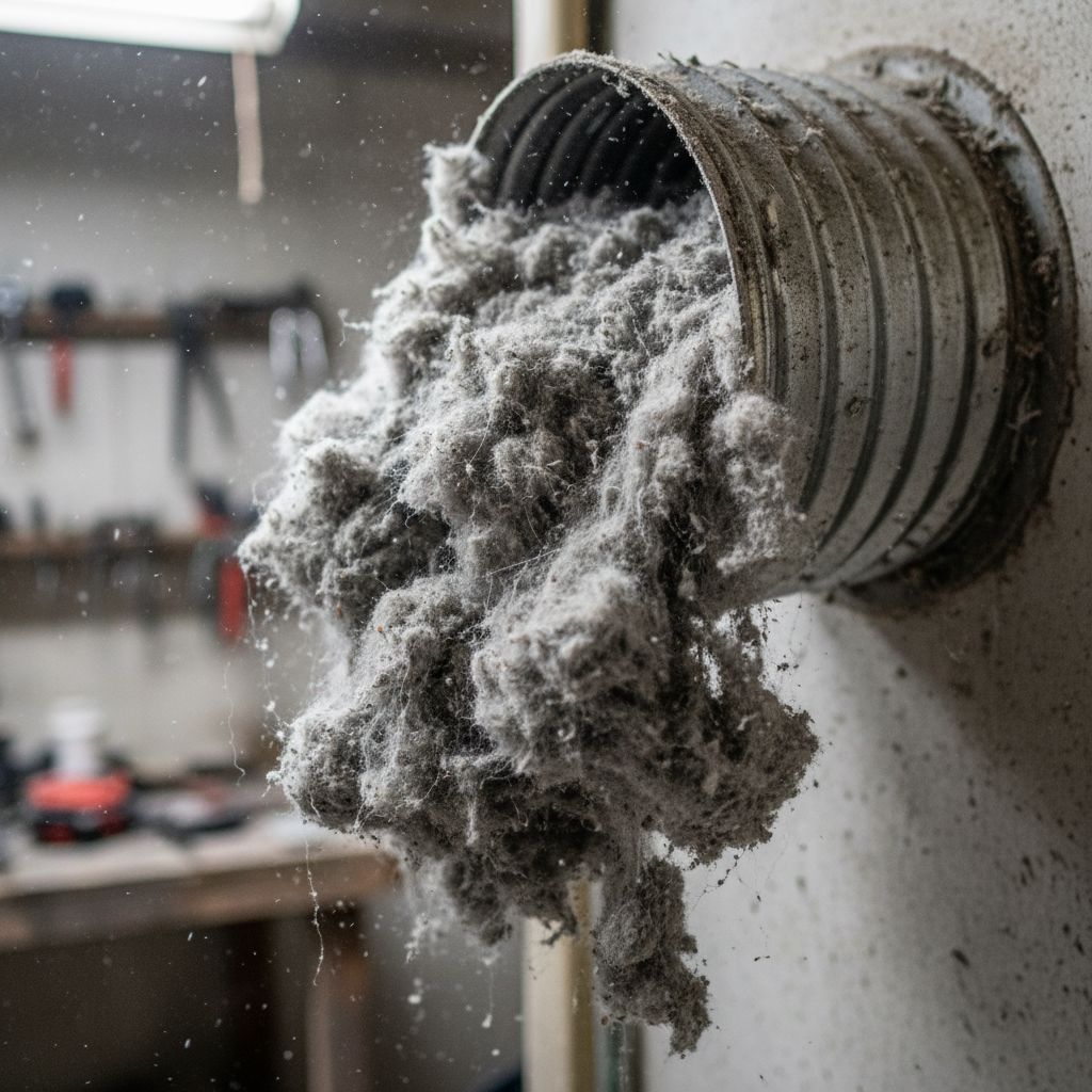 A close-up of a clogged dryer vent pipe overflowing with thick gray lint particles.