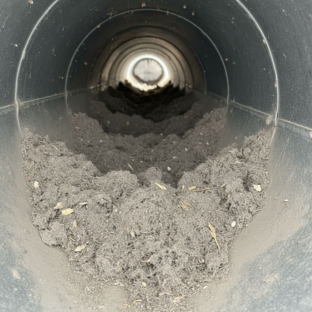 A close-up view of the interior of a metallic air duct showing a thick accumulation of gray dust and debris.