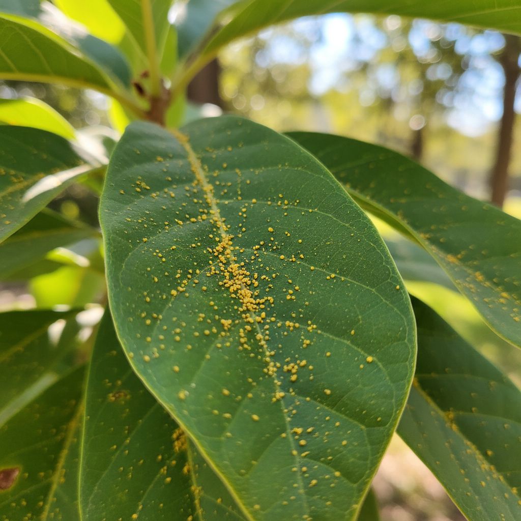 A close-up of yellow oak pollen on a green leaf in a sunny Florida garden